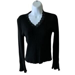 Agacci Too Sweater Women L Ribbed Knit V-Neck Floral Scalloped Lace Cozy Elegant